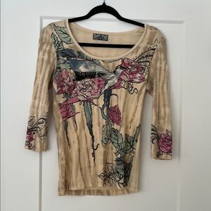 Y2K Rare Whimsical Floral Beige and Pink Women's Top
